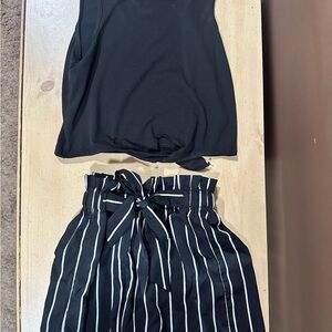 Black Tank Top with Black & White Striped Paperbag Waist Pants